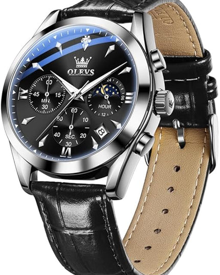 OLEVS Men's Watches Leather Strap Analog Quartz Watch, Fashion Big Dial Date Waterproof Watch, Dress Luxury Luminous Men Watches