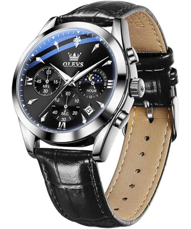 OLEVS Men's Watches Leather Strap Analog Quartz Watch, Fashion Big Dial Date Waterproof Watch, Dress Luxury Luminous Men Watches