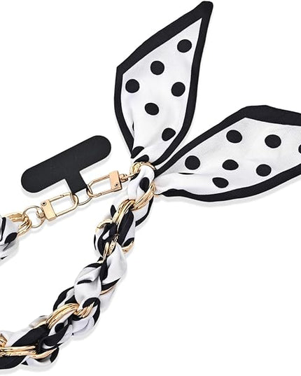 Fycyko Phone Wrist Strap with Gold Metal Scarf and Universal Tether Tab, Aesthetic Print Design Ribbon Chain, Multi-Purpose Accessories for Bag Key Cellphone for Men Women Girls-Black Polka Dot