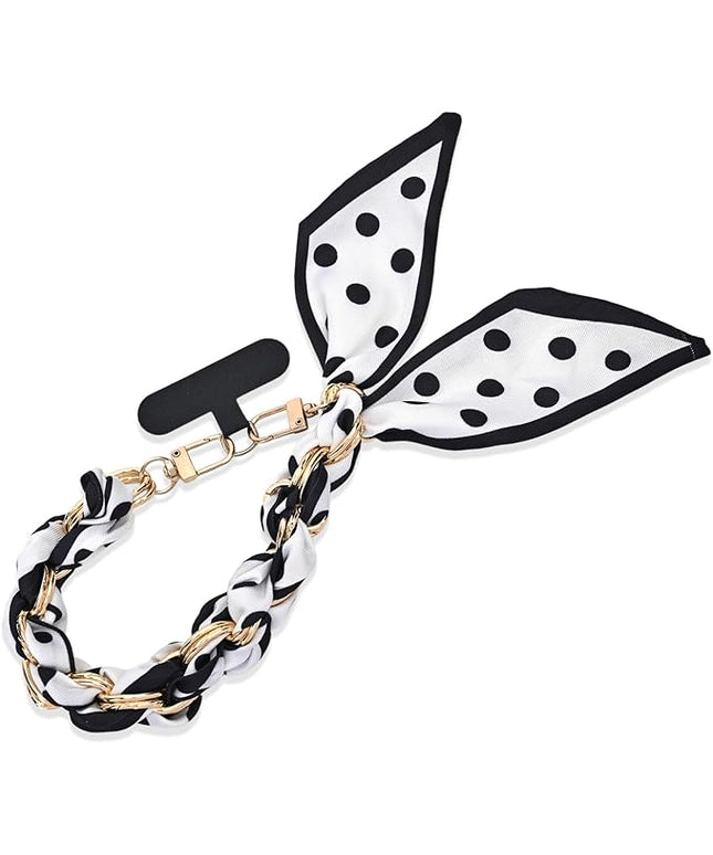 Fycyko Phone Wrist Strap with Gold Metal Scarf and Universal Tether Tab, Aesthetic Print Design Ribbon Chain, Multi-Purpose Accessories for Bag Key Cellphone for Men Women Girls-Black Polka Dot