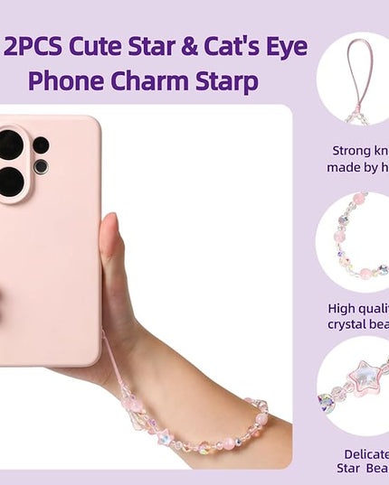 Cute Sparkling Star & Cat's Eye Phone Lanyard, Beaded Crystal Charm Strap for Phone Keys Purse - Gift for Women