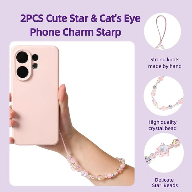 Cute Sparkling Star & Cat's Eye Phone Lanyard, Beaded Crystal Charm Strap for Phone Keys Purse - Gift for Women