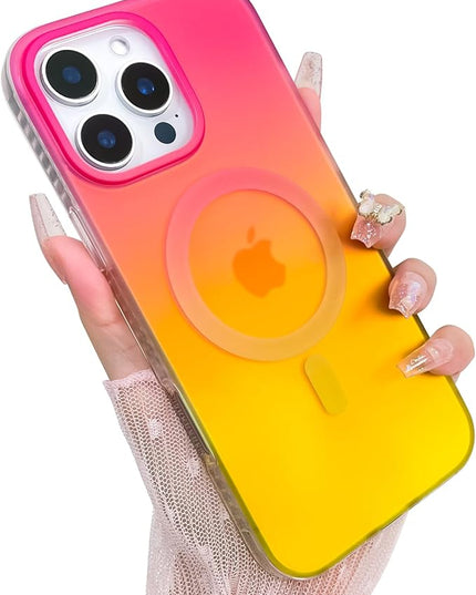 Aesthetic Case for iPhone 16 Pro Max Case for Women Girls, Compatible with Magsafe, Cute Girly Trendy Glitter Sparkly Rainbow Magnetic Protective Phone Cover, Matte Iridescent Red & Yellow