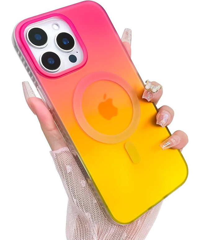 Aesthetic Case for iPhone 16 Pro Max Case for Women Girls, Compatible with Magsafe, Cute Girly Trendy Glitter Sparkly Rainbow Magnetic Protective Phone Cover, Matte Iridescent Red & Yellow