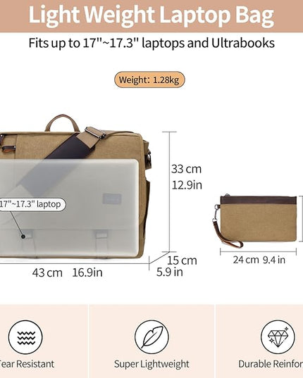 Nerlion Messenger Bag for Men 17-17.3 Inch Laptop Bag Canvas Water-resistant Computer Bag Shoulder Bag Work Briefcase Bookbag for College (Brown)