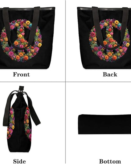 Pardick Canvas Tote Bags, Peace Symbol Flower Tote Bag Eco Friendly Reusable Grocery Shopping Bagsfor Beach, Books, Women with Zipper Inner Pocket