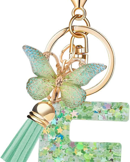 Fashion Alphabet Initial Letter Keychain Tassel Butterfly Pendant Key Ring for Purse Handbags Women Girl