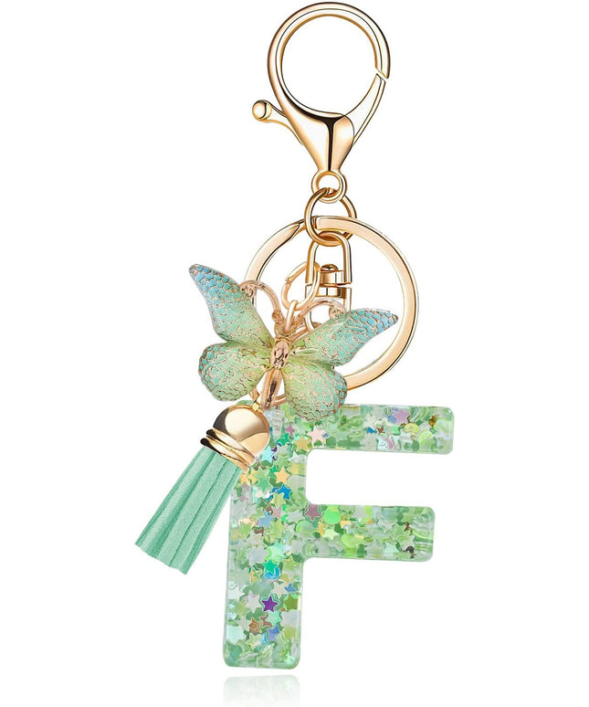 Fashion Alphabet Initial Letter Keychain Tassel Butterfly Pendant Key Ring for Purse Handbags Women Girl