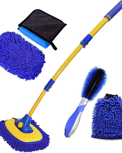 Car Wash Brush With Long Handle, Chenille Microfiber Mop Mitt, 1 Replacement Head, Wheel Brush Extension Pole, Cleaning Kit With Towels for Cars Trucks 5PCS
