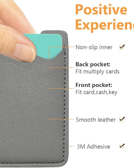 Leather Phone Card Holder - Stick On Wallet, Compatible with iPhone & Samsung, 2-Pack Grey