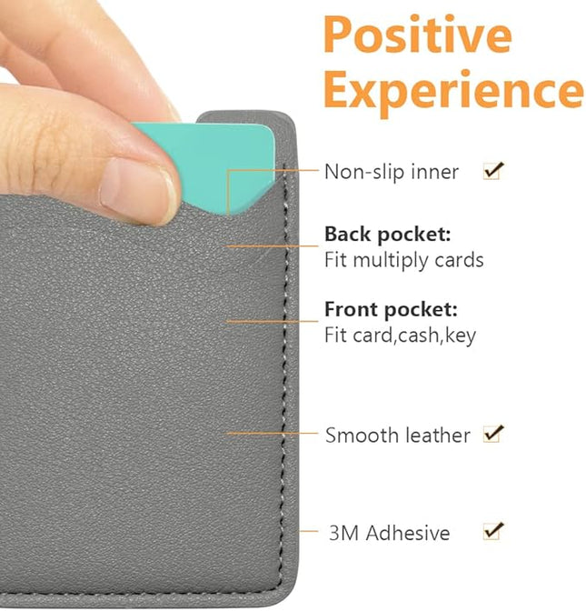 Leather Phone Card Holder - Stick On Wallet, Compatible with iPhone & Samsung, 2-Pack Grey