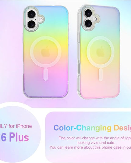 Cute Case for iPhone 16 Plus Case for Women Girls [Compatible with Magsafe] Aesthetic Girly Glitter Bling Rainbow Magnetic Protective Phone Cover, Translucent Iridescent Blue & Pink