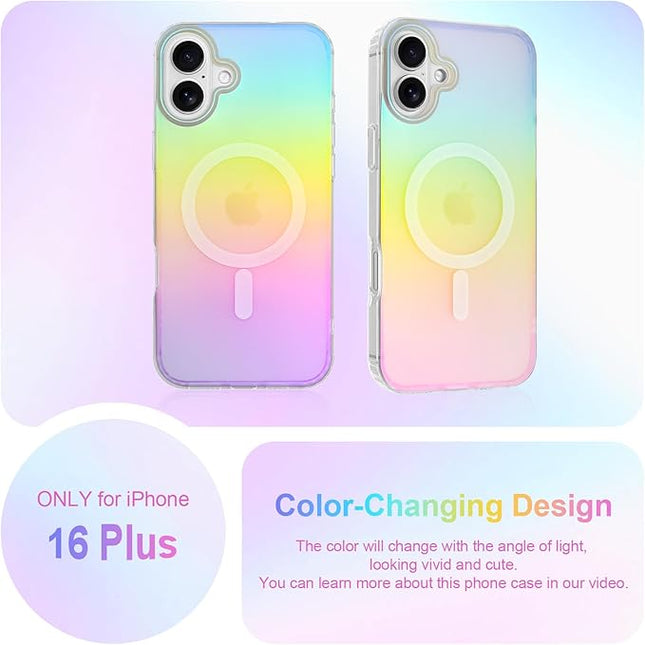 Cute Case for iPhone 16 Plus Case for Women Girls [Compatible with Magsafe] Aesthetic Girly Glitter Bling Rainbow Magnetic Protective Phone Cover, Translucent Iridescent Blue & Pink