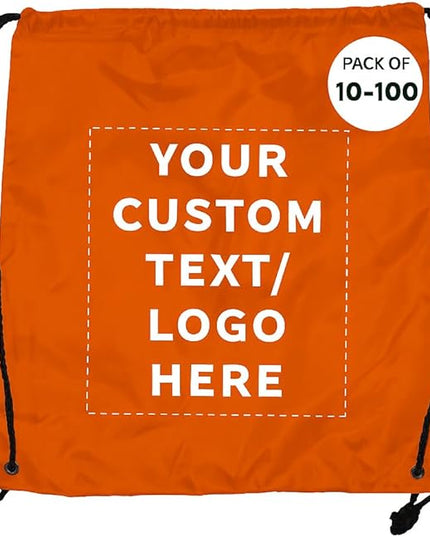 DISCOUNT PROMOS Custom Classic Polyester Drawstring Bagpack Set of 10/50/100, Personalized Bulk Pack - Great for Travelling, Gym and for Everyday Use - Orange