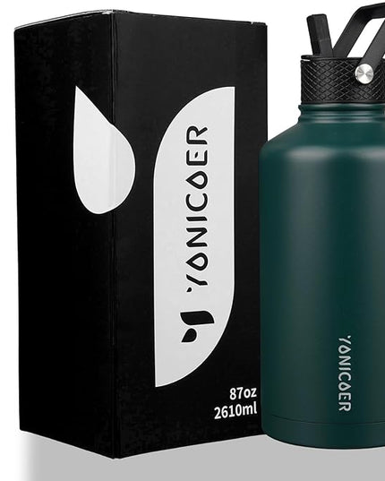 Insulated Water Bottle 87oz,Triple Wall Vacuum Stainless Steel(Dishwasher Safe),Leak Proof & Non-BPA,Flask Jug with Paracord Handle & Straw Spout Lids Sports Green