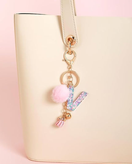 Resin Alphabet Initial Letter Keychain Keyring for Women Purse Handbags With Fur Ball Pom