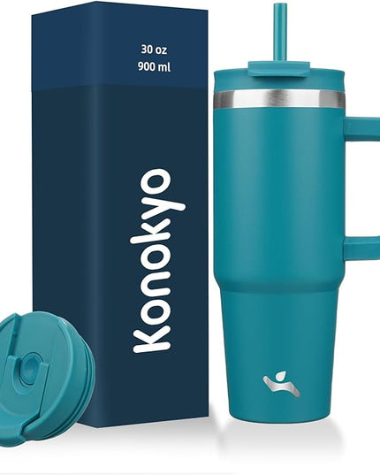 30 oz Tumbler with Handle and 2 Straws,2 in 1 Lid Insulated Water Bottle Stainless Steel Travel Coffee Mug,Blue