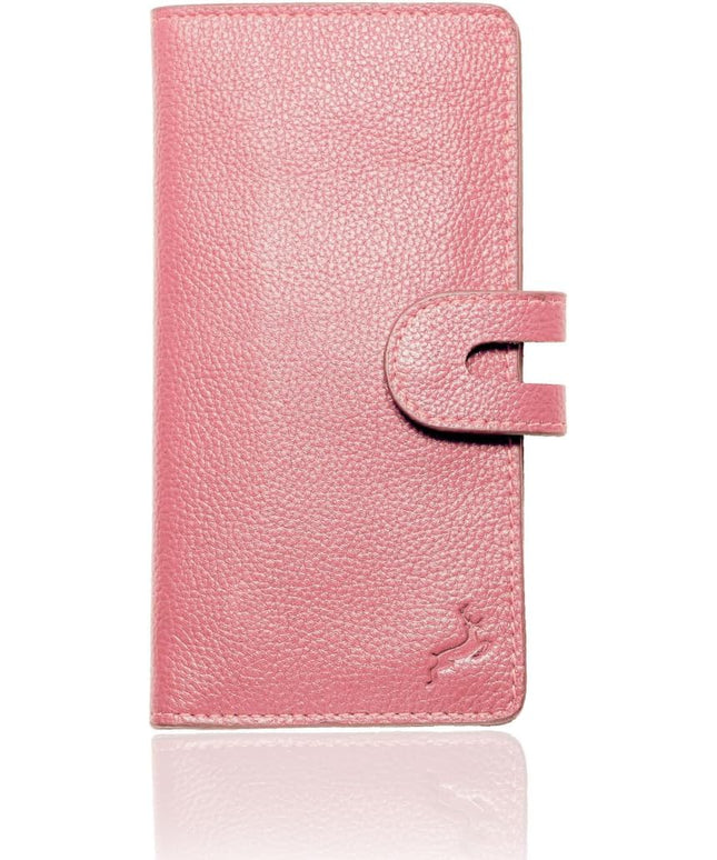 DEERHANDMADE womens wallet (Holds 15-18 Cards, 4 Flat Pockets, 1 ID Windows) Genuine Leather clutch purses for women | Slim long wallets for women | rfid blocking wallet (pink wallets)