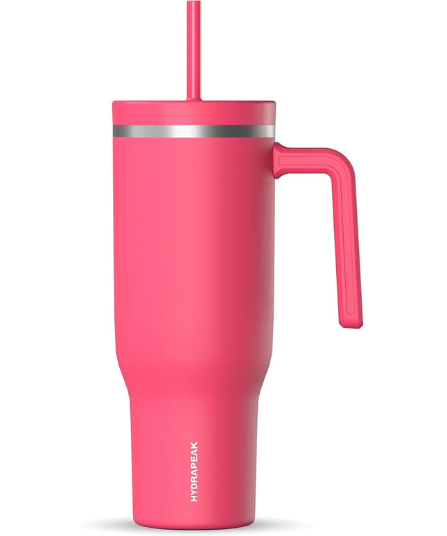 Hydrapeak Voyager 40 Oz Stainless Steel Tumbler with Handle, Insulated Water Bottle With Straw & Lid, Cupholder Friendly Reusable Travel Mug (Hot Pink)