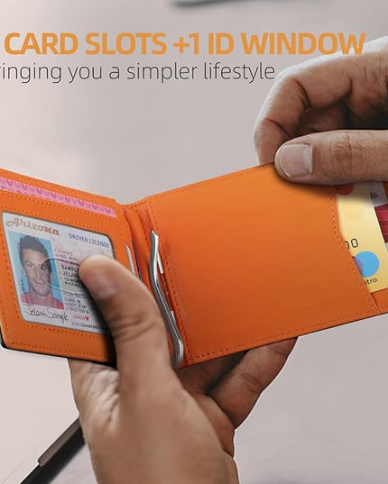 RUNBOX Slim Wallets for Men with RFID Blocking & Minimalist Mens Front Pocket Wallet Leather Black&inner Orange