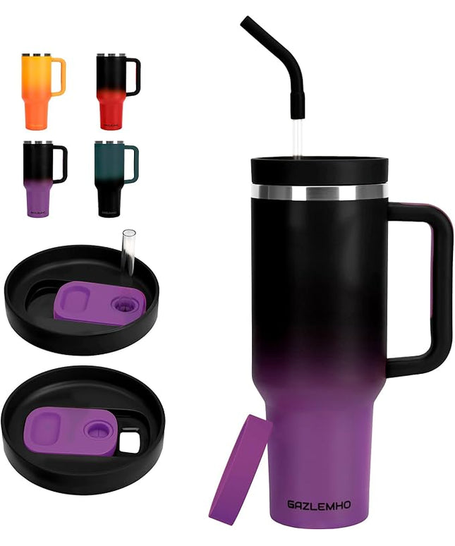 40oz Tumbler with Handle and Straw Spout 2-in-1 Lid, Spill Leak Proof Insulated Travel Cup Traveler Water Mug Keep Cold Hot, Dishwasher Safe Stainless Steel Bottle Gifts for Women Men, Black Purple