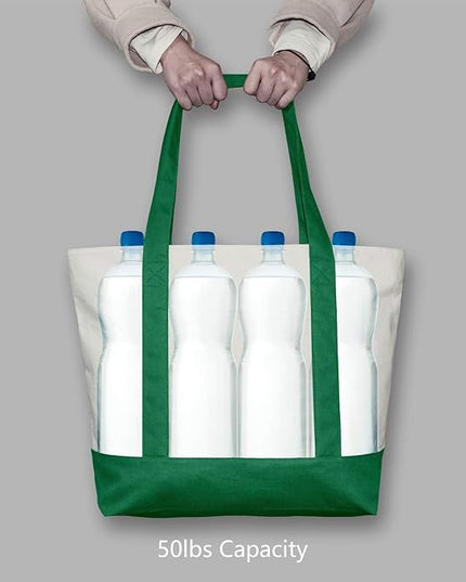 TOPDesign 3-Pack Canvas Tote Bags with an External Pocket, Reusable Grocery Shopping Bags, Top Zipper Closure, Daily Essentials (Green/Natural)