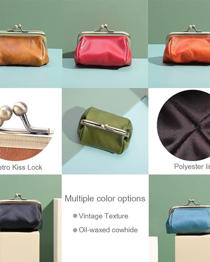 Plinvo Mini Genuine Leather Coin Purse for Women Vintage Kiss Lock Change Organizer Blue (Black)