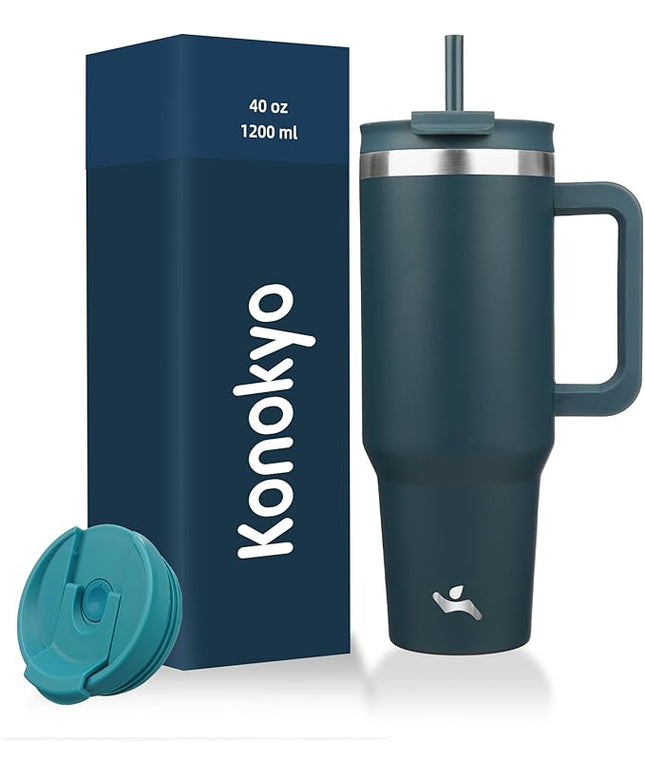 40 oz Tumbler with Handle and 2 Straws,2 in 1 Lid Insulated Water Bottle Stainless Steel Travel Coffee Mug,Navy blue