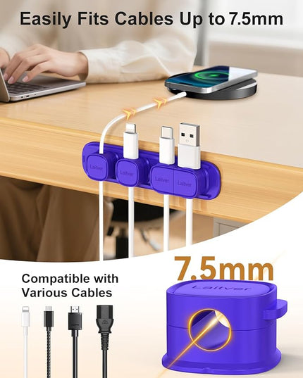 6 Pack Magnetic Cable Clips [1s Open/Lock], Laitver Cord Organizer Holder Strong Adhesive Desk Cable Management- Organize Charging Cords Neatly for Home, Office, Car,Desk, Nightstand-Dark Blue