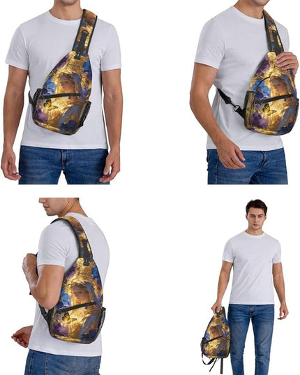 Our Lady of Guadalupe Sling Bag Crossbody Bags Clovers Chest Bag for Travel Hiking for Men Women Golden Mary 5