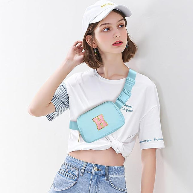 Gitus Gifts for 7 8 9 10 11 Year Old Girls Belt Bag Fanny Pack Crossbody Bags with Initial Letter Patch Birthday Gifts for Daughter Sister Friends Teen girls (Icing Blue-H)