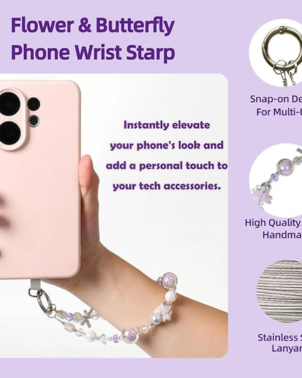 Handmade Flower & Butterfly Phone Wrist Strap Lanyard - Detachable Anti-Drop Strap with 2 Tether Tabs -Women's Gift