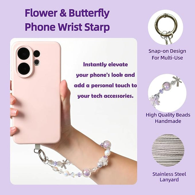 Handmade Flower & Butterfly Phone Wrist Strap Lanyard - Detachable Anti-Drop Strap with 2 Tether Tabs -Women's Gift