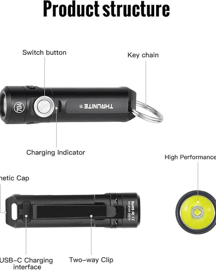 ThruNite Ti Keychain Flashlight, Customized Edition with 704 Tactical, 650 Lumens USB-C Rechargeable Compact Pocket Light with Magnetic Tailcap, for Camping, Everyday Carry (Black Cool White)