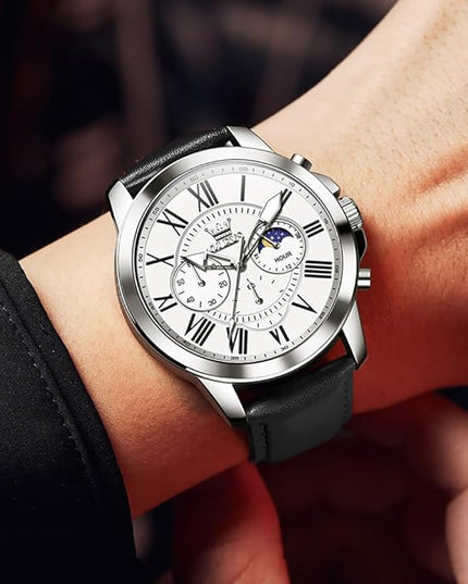 OLEVS Men's Watches Leather Strap Analog Quartz Watch, Fashion Big Dial Date Waterproof Watch, Dress Luxury Luminous Men Watches