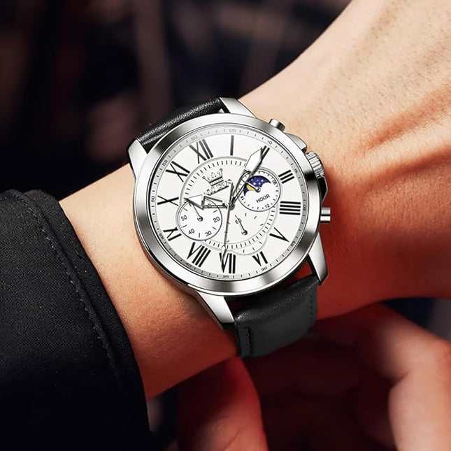 OLEVS Men's Watches Leather Strap Analog Quartz Watch, Fashion Big Dial Date Waterproof Watch, Dress Luxury Luminous Men Watches
