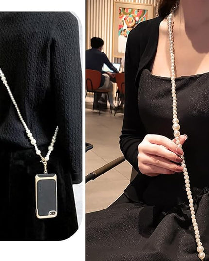 Phone Chain Crossbody Pearl Strap, Pearl Beaded Chain Shoulder Crossbody Lanyard with Phone Tether Patches Compatible with Most Phones Bag Purse (I)