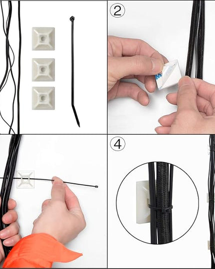 XHF 100 PCS 1.1" Black Self Adhesive Cable Zip Tie Mounts Wire Cable Clips Holders Management Anchors Organizer Holders Squares(HS-102)