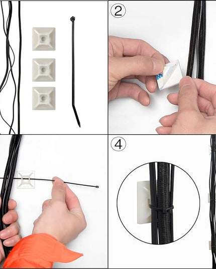 XHF 100 PCS 3/4" Black Self Adhesive Cable Zip Tie Mounts Wire Cable Clips Holders Management Anchors Organizer Holders Squares(HS-101S)