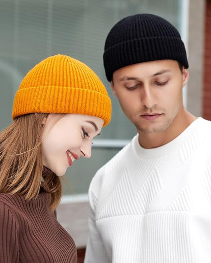 3 Pack Wool Fisherman Beanies for Men, Short Knit Watch Cap Cuffed Trawler Hats