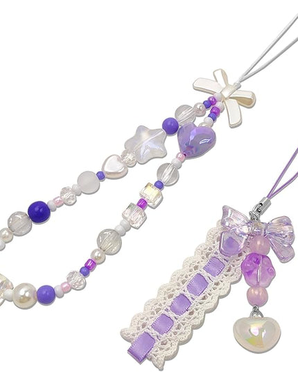 2 Pack Phone Charms, Cute Aesthetic Beaded PhoneCharm Strap Phone Lanyard String PhoneChain Accessories for Bag Keychain Airpods Camera Pendants