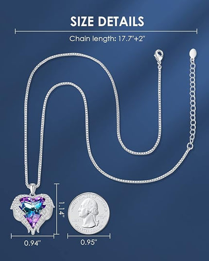 CDE Christmas Gifts for Women Angel Wings Necklace for Women with Birthstone, Love Heart Silver Tone/Gold Tone Pendant, Ideal Anniversary or Birthday Jewelry Gifts for Wife Girlfriend Her