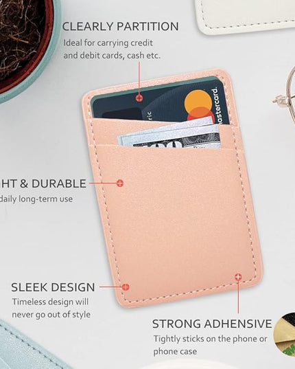 Phone Wallet, Leather Phone Card Holder Adhesive Stick On Credit Card Pocket for Back of Phone Case for iPhone and Android-White, Pink