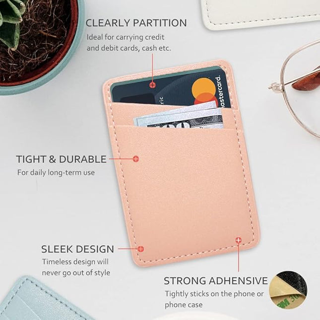 Phone Wallet, Leather Phone Card Holder Adhesive Stick On Credit Card Pocket for Back of Phone Case for iPhone and Android-White, Pink