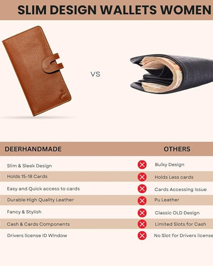 DEERHANDMADE womens wallet (Holds 15-18 Cards, 4 Flat Pockets, 1 ID Windows) Genuine Leather clutch purses for women | Slim long wallets for women | rfid blocking wallet (brown wallets)