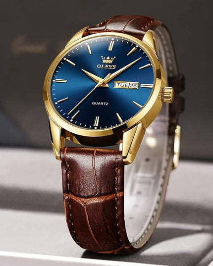 OLEVS Watches for Men Brown Leather Gold Case Analog Quartz Fashion Business Dress Watch Day Date Luminous Waterproof Casual Male Wrist Watches