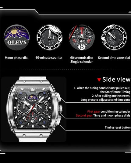 OLEVS Watches for Men Casual Luxury Large Face Multifunctional Chronograph Men's Watches Durable Silicone/Nylon Strap 3ATM Waterproof Men Watch Date Moon Phase Analog Quartz Watch Reloj para Hombre