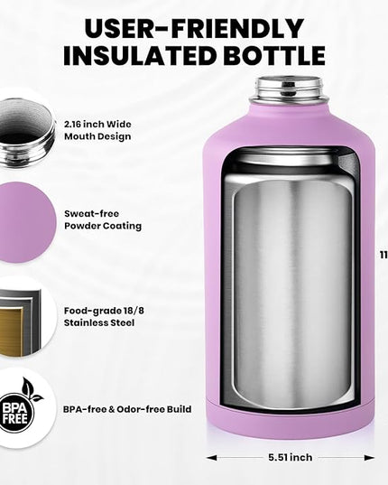 One Gallon Water Bottle Insulated, Triple Walled Vacuum Stainless Steel (Cold for 48 Hrs), Leak Proof & Non-BPA, Large Water Flask Jug with Paracord Handle & Straw Spout Lids