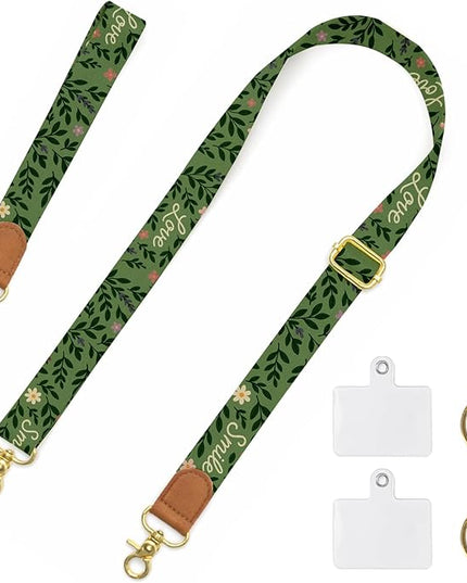 Cell Phone Lanyard Crossbody with Wrist Strap, Forest Green Floral Illustration Phone Lanyard Wrist for Phones, Wallet, Keychain and ID Card – Universal Set