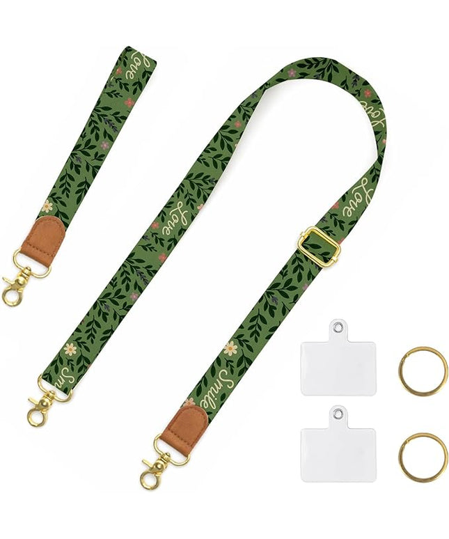 Cell Phone Lanyard Crossbody with Wrist Strap, Forest Green Floral Illustration Phone Lanyard Wrist for Phones, Wallet, Keychain and ID Card – Universal Set